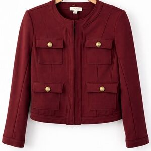 Carmen Marc Valvo Women's Burgundy Military-Inspired Jacket with Gold Buttons